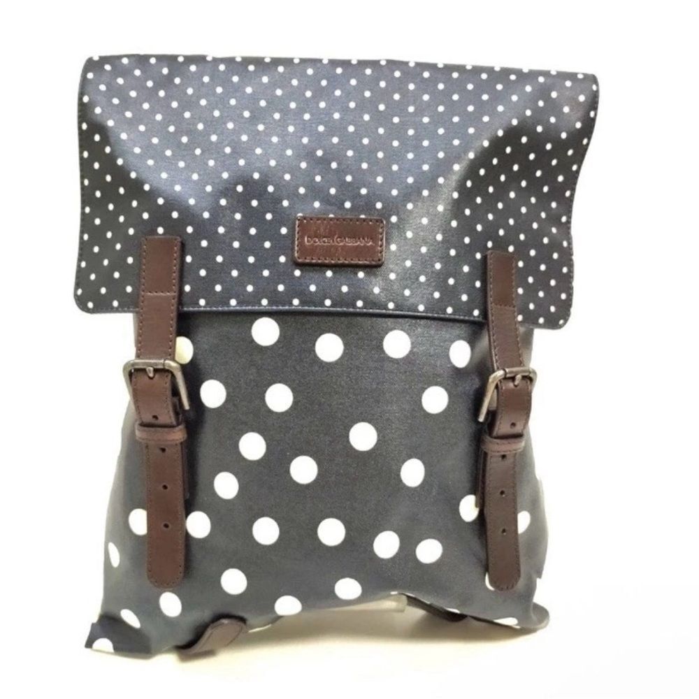 NWT Dolce & Gabbana Black & White Polka Dot Brown Leather Trim Backpack Napsack